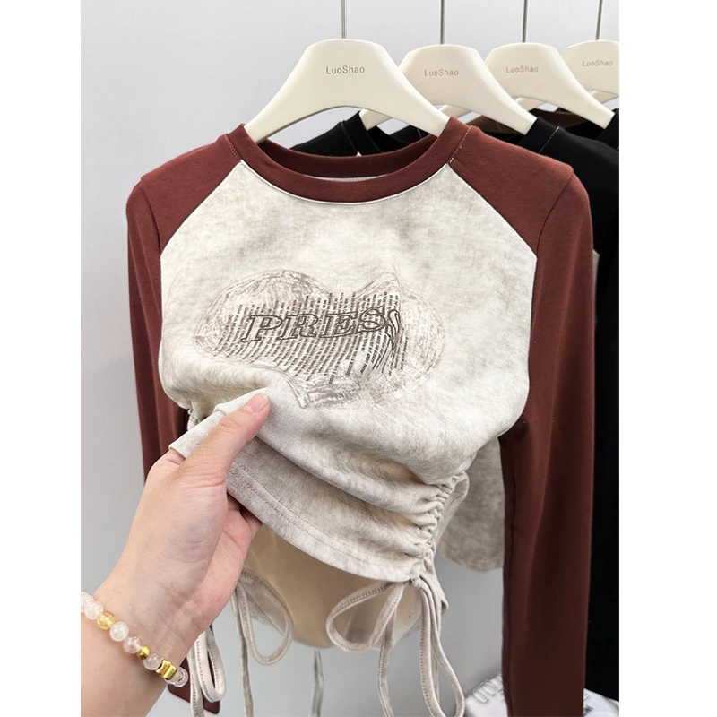 秋冬复古抽绳掐腰长袖t恤女2025春秋经典港风拼接美式打底修身ins