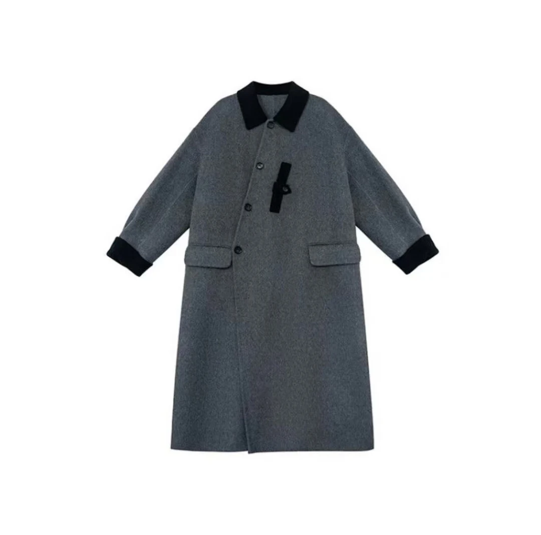 2024新款中长款单排斜扣小翻领双面尼大衣C53017