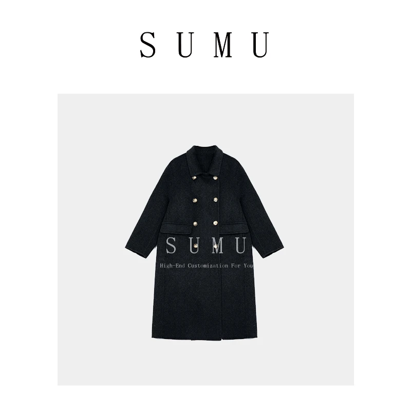 宿慕SUMU 3-1  双排扣时尚气质小翻领中长款绵羊毛大衣6626
