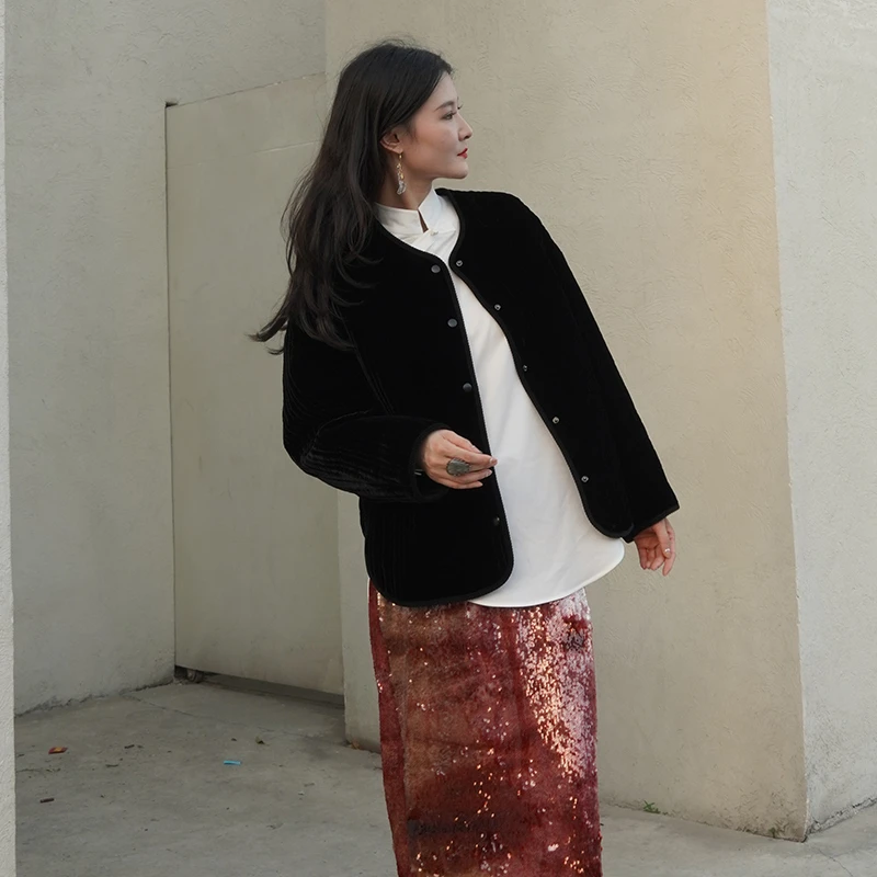 新中式冬装休闲黑色复古上衣棉服宽松圆领上衣外套女时尚百搭外套