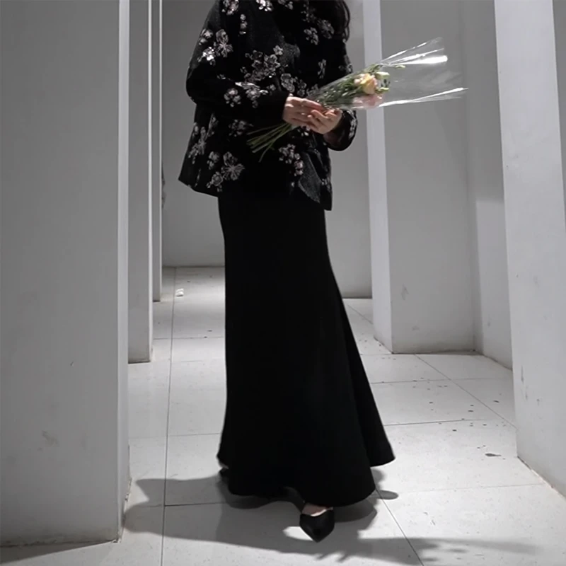 黑色羊毛半身裙女2024秋冬新款保暖高腰显瘦半身裙包臀鱼尾裙长裙