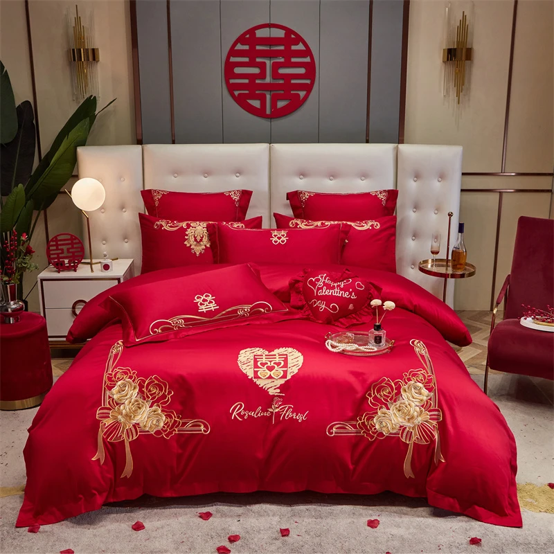 婚庆四件套纯棉重工刺绣款纯棉套件结婚用品中式大红色喜被绣花