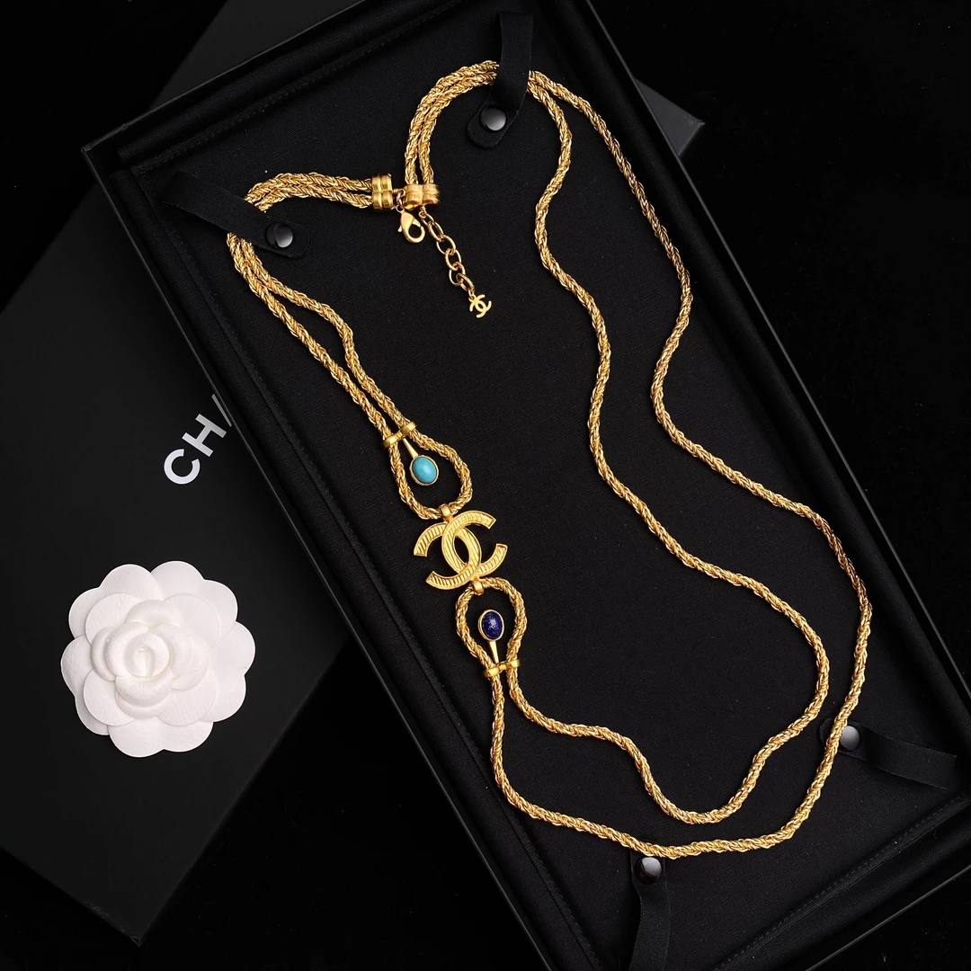 未使用 Chanel/香奈儿 经典双C复古金色宝石双链条项链 S1657
