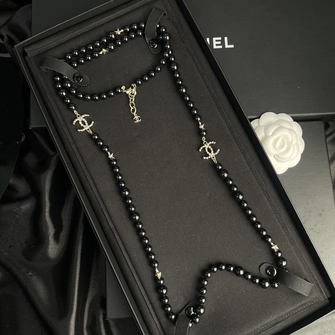 全新未使用 Chanel/香奈儿 经典双C 黑色珠珠 长款 项链 S3400