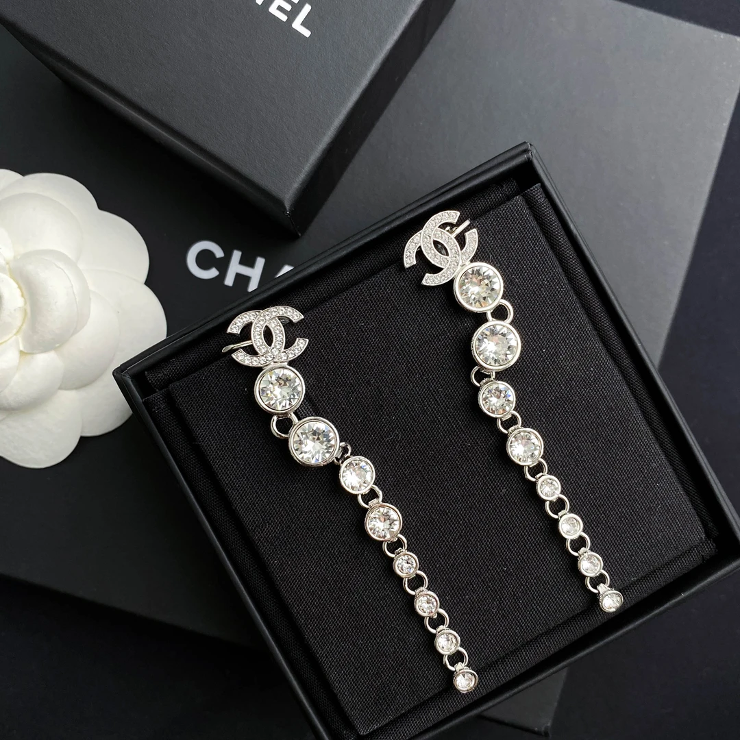 全新未使用 Chanel/香奈儿 23S经典双C圆形镶钻长款耳夹耳钉S4264
