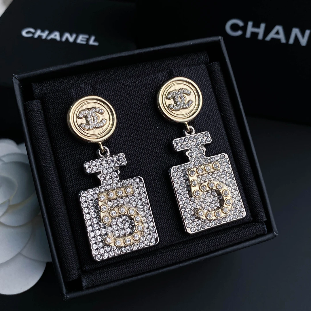 全新未使用 Chanel/香奈儿 经典双C 5号香水瓶满钻 耳环S4134