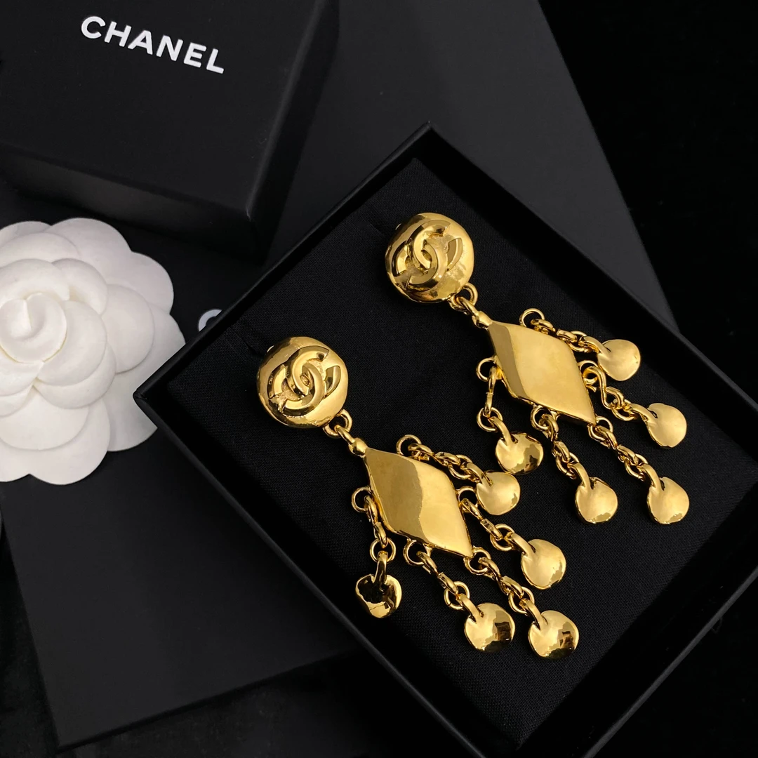 99新 Chanel/香奈儿 FL 复古金色流苏中古耳环vintage爱心 S2080