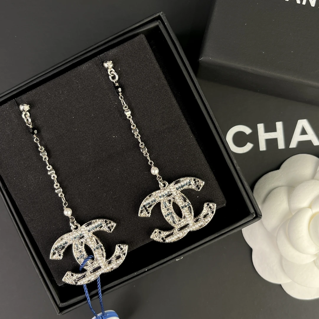 全新未使用 Chanel/香奈儿 经典双C 蓝色水钻珍珠吊坠 耳环 S3197