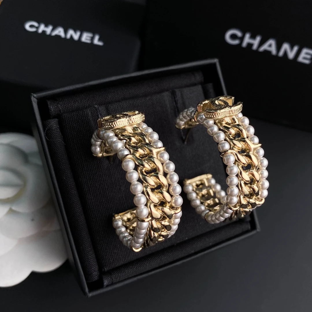 全新未使用 Chanel/香奈儿 经典双C 金色圆环珍珠 耳环 S3181