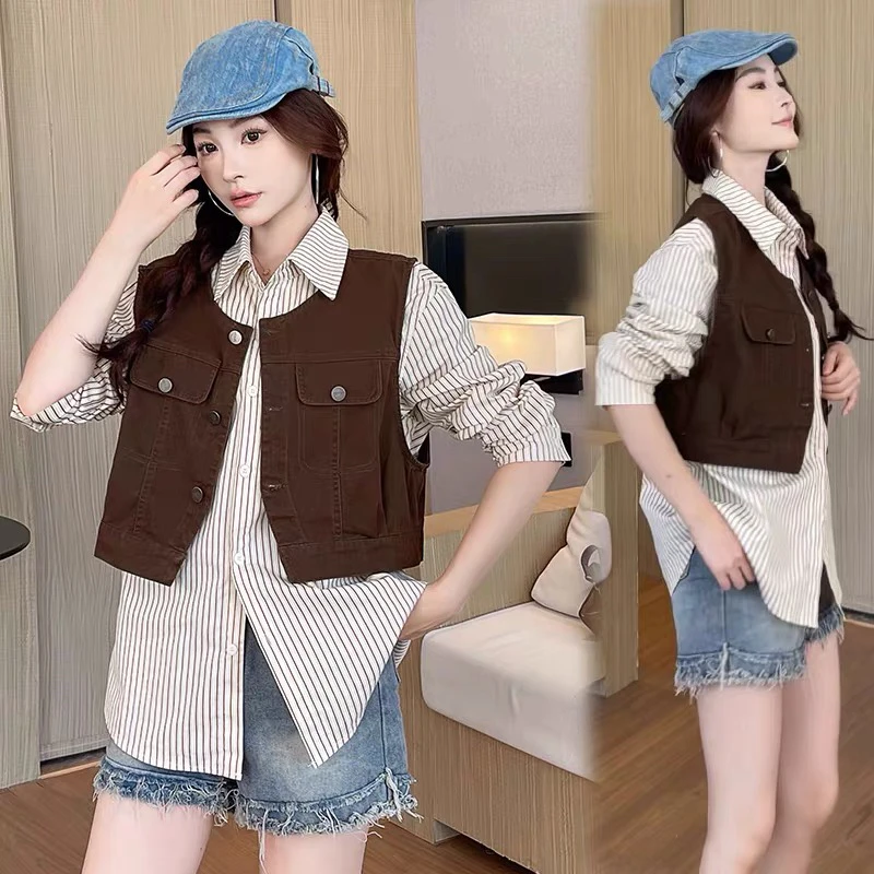 658 秋季新款百搭减龄牛仔马甲条纹衬衫真两件套装女