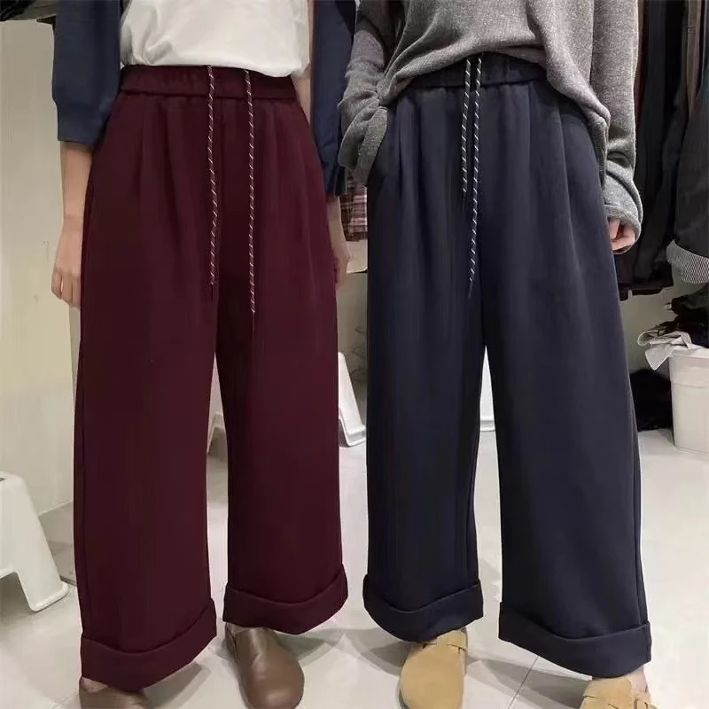 191百搭撞色时尚休闲裤女显瘦高腰直筒阔腿裤