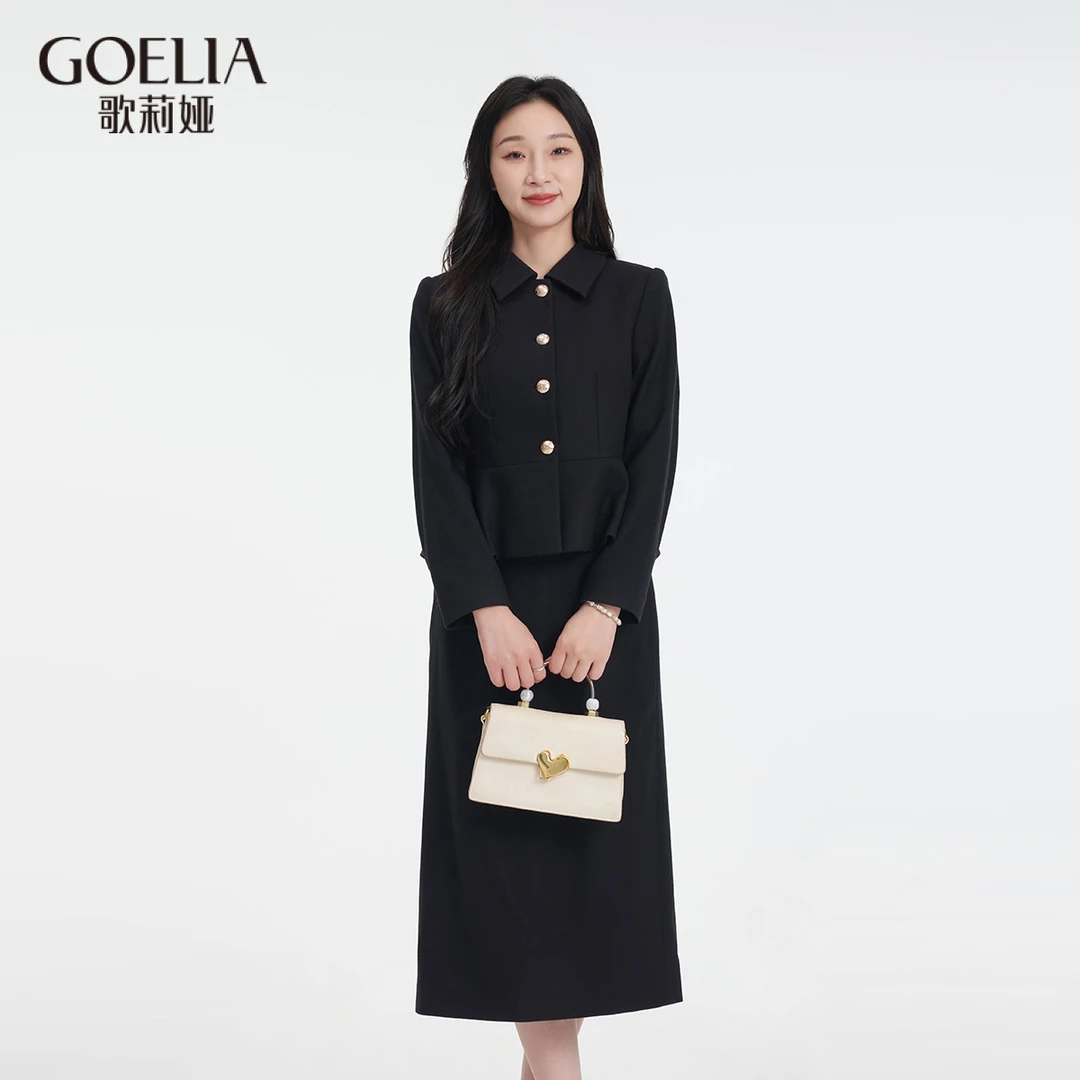 【福利款】歌莉娅绵羊毛小香风套装外套+半裙黑色长袖修身1C1CAB730