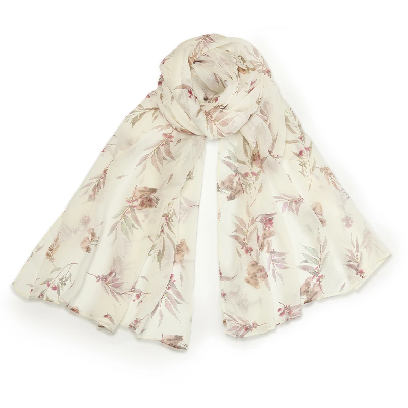 歌莉娅秋季新品8姆米桑蚕丝优雅印花丝巾长款白色提花1B8L9A070