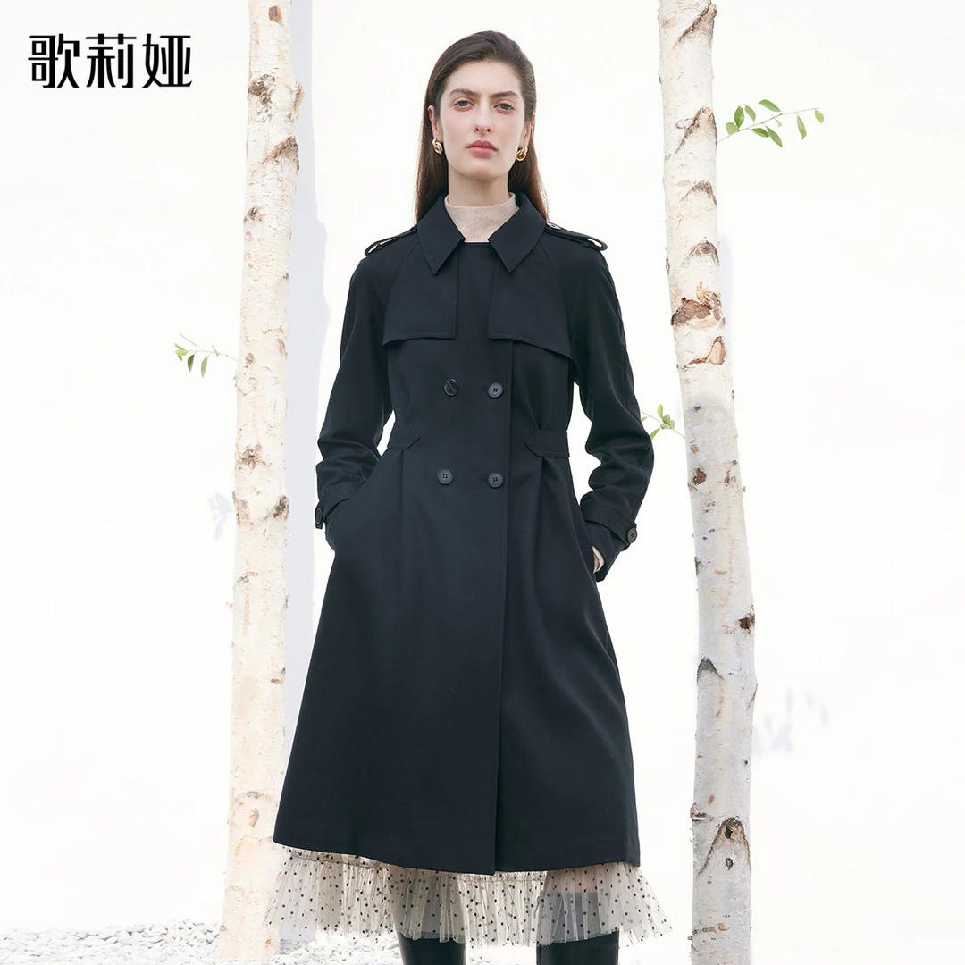 歌莉娅精纺绵羊毛风衣季收腰可调节通勤外套黑色百搭1B1L6L500