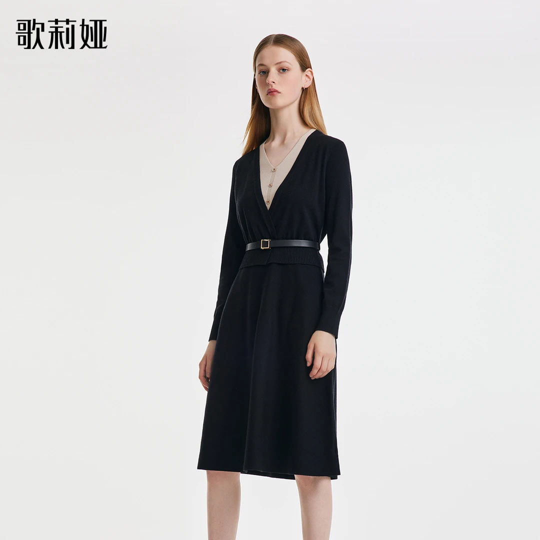 歌莉娅秋季新品黑色天丝连衣裙配腰带修身显瘦