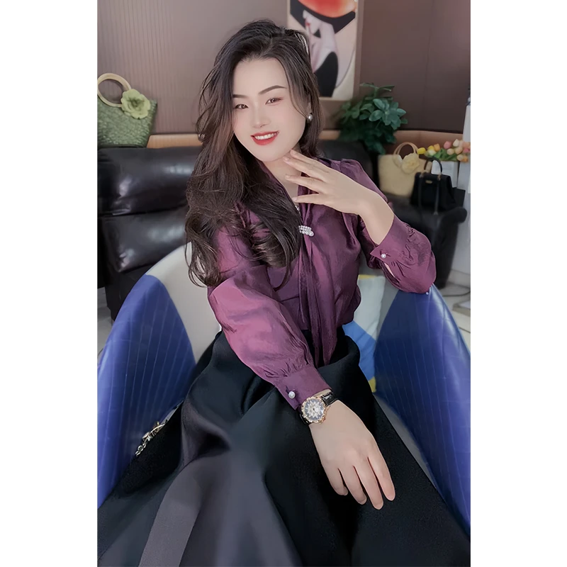秋款女装2024年新款高级感抗皱醋酸缎衬衫女设计感小众雪纺衫上衣