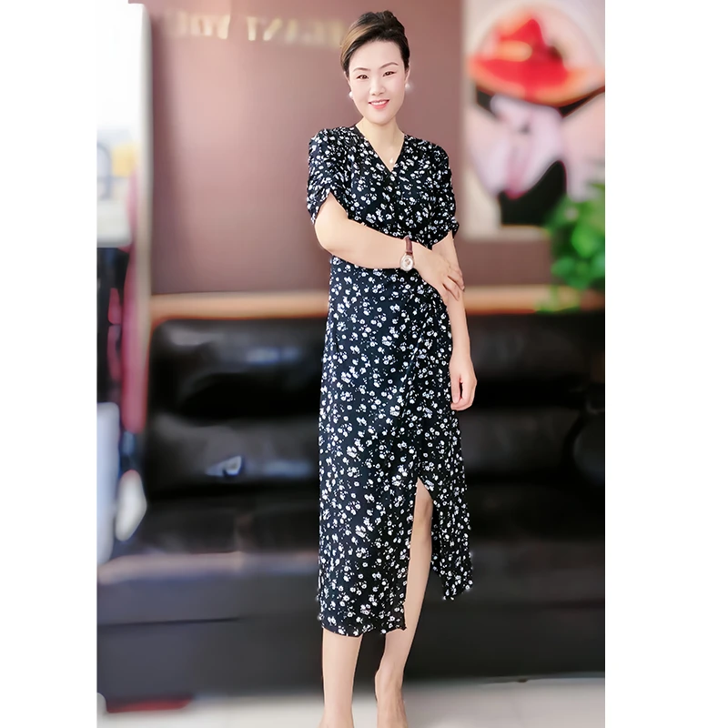 高级感法式收腰显瘦开叉过膝中长款V领小碎花连衣裙女夏季