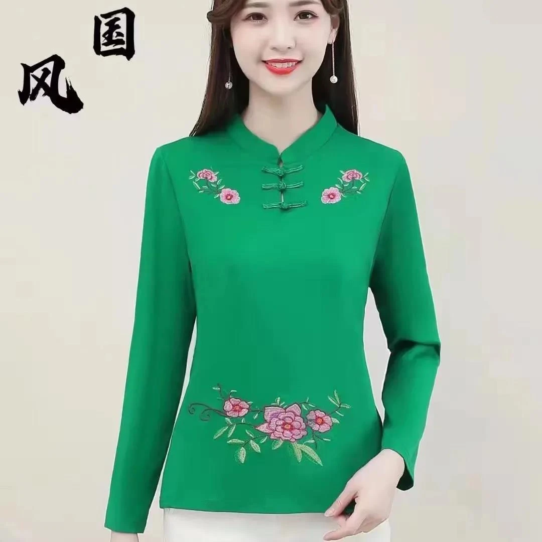 春秋立领民族风妈妈装长袖中老年唐装上衣复古大码刺绣洋气打底衫