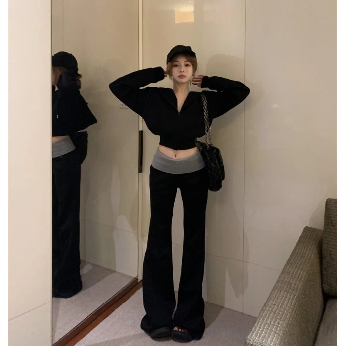 小个子加绒加厚穿搭一整套装女春连帽拉链长袖卫衣撞色喇叭拖地裤