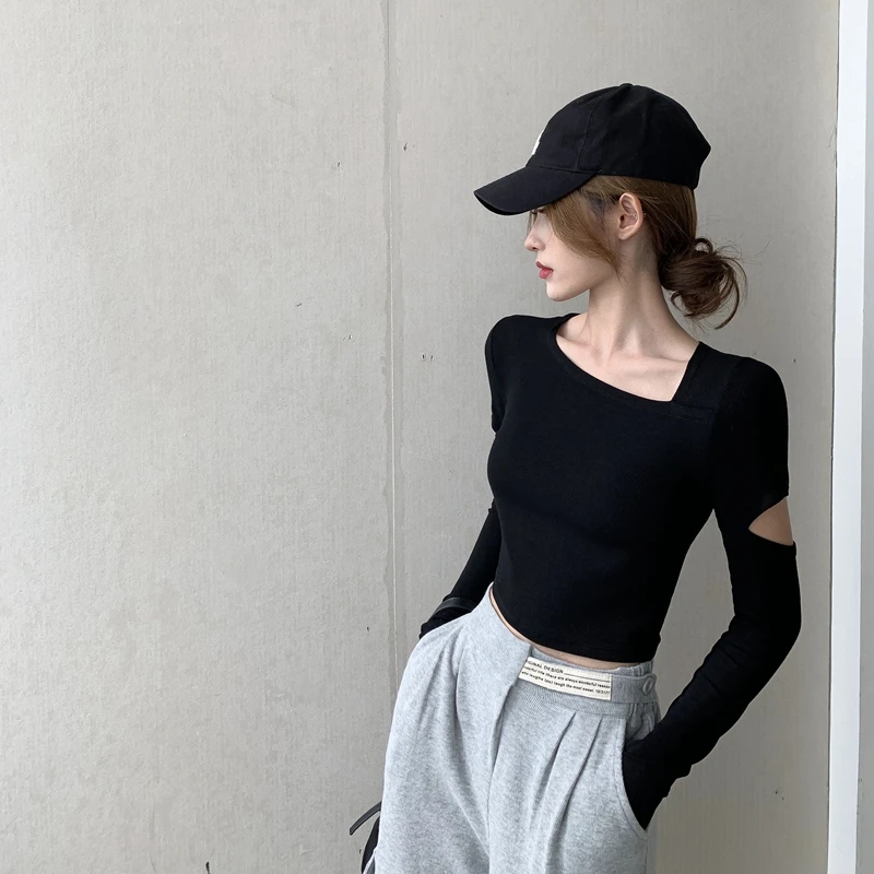 春装纯欲设计感破洞长袖紧身弹力T恤短款内搭黑色打底衫女装上衣