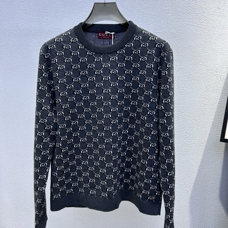 全新未使用Gucci古奇 双G满logo花纹刺绣套头羊毛针织衫 794503