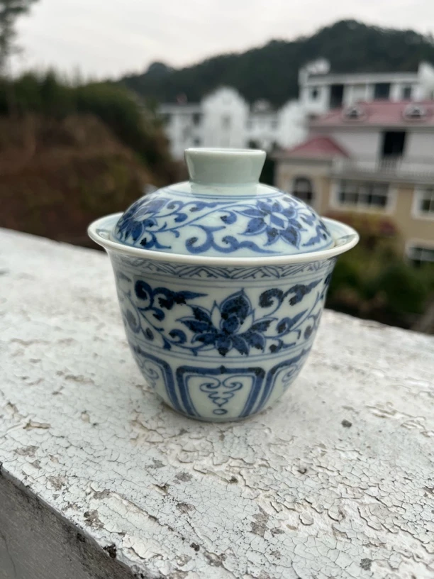 全手工柴窑元青花缠枝莲莲子缸型盖碗