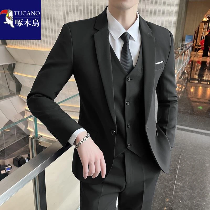 啄木鸟西服套装男三件套商务职业正装小西装韩版修身新郎结婚礼服