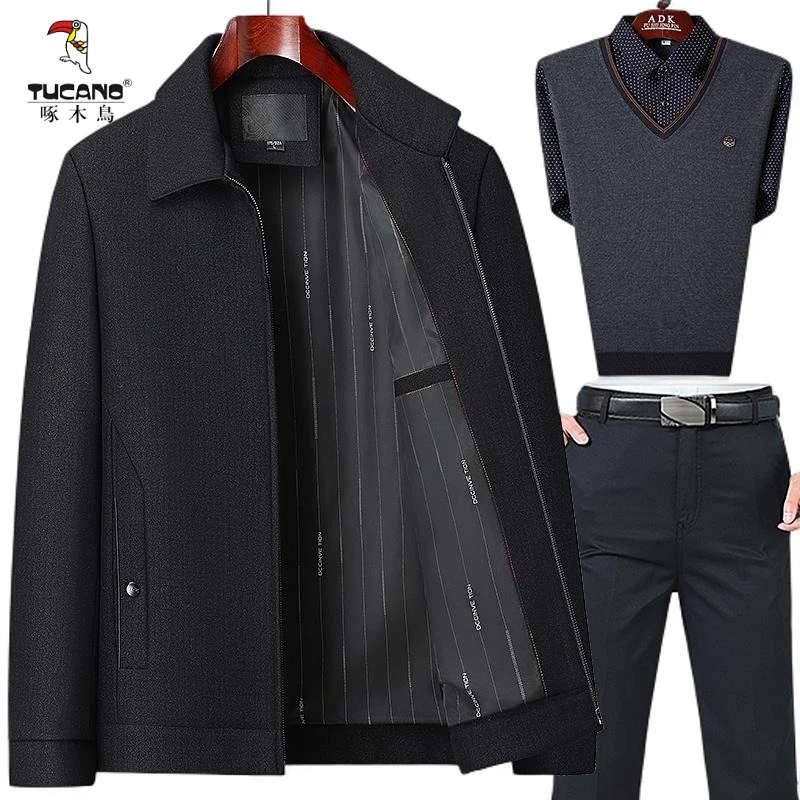 啄木鸟中老年人男爸爸秋装行政夹克60岁上衣70春秋款高档父亲外套