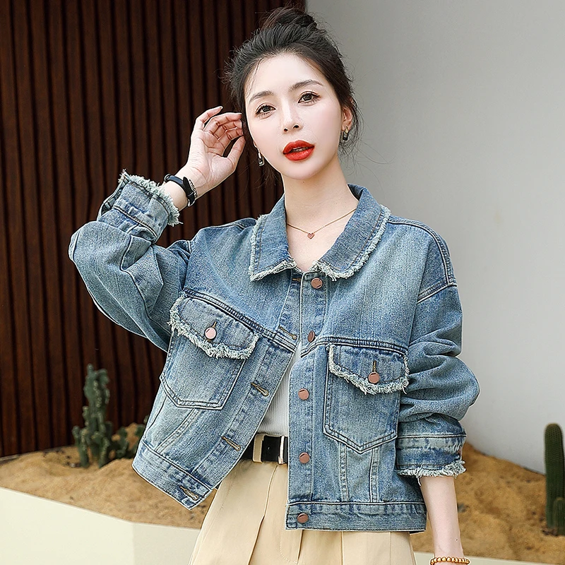 2025春秋新款韩系复古牛仔外套毛边短款女显瘦宽松夹克上衣牛仔服