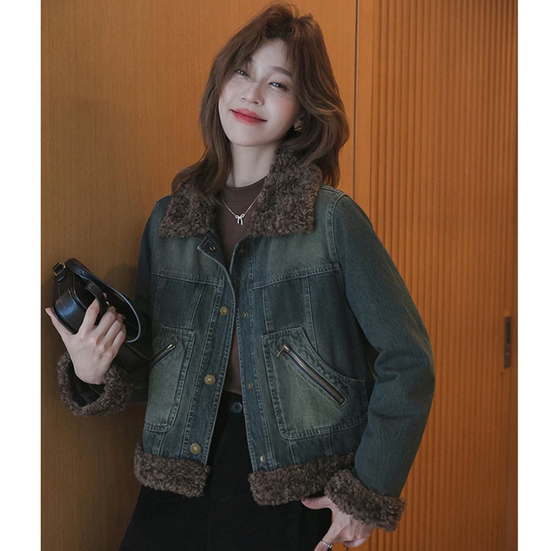 韩系复古加绒加厚牛仔外套女棉衣2024秋冬季新款拼接棉服上衣