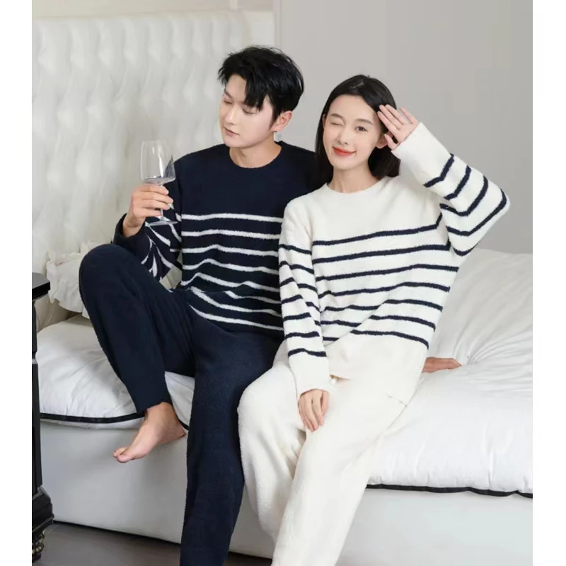 新款秋冬季半边绒睡衣情侣条纹可外穿家居服男女加厚加绒保暖套装