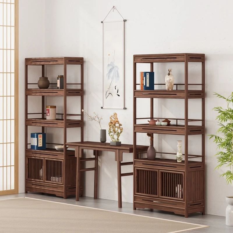 博古架实木新中式老榆木书柜书架禅意茶叶柜展示柜简约黑胡桃木架