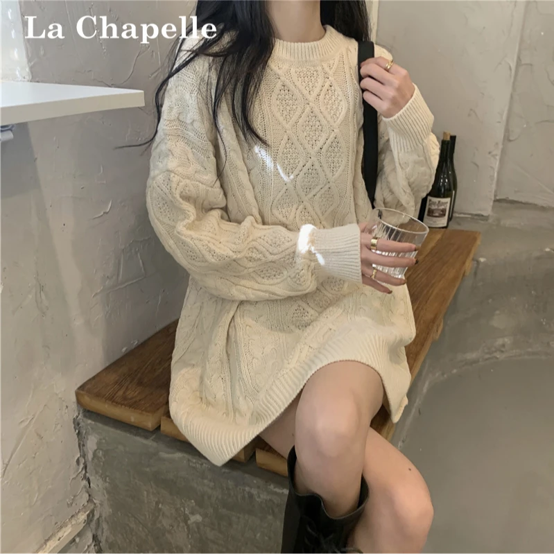 拉夏贝尔秋冬中长款慵懒风麻花毛衣女2024年新款韩系宽松针织上衣