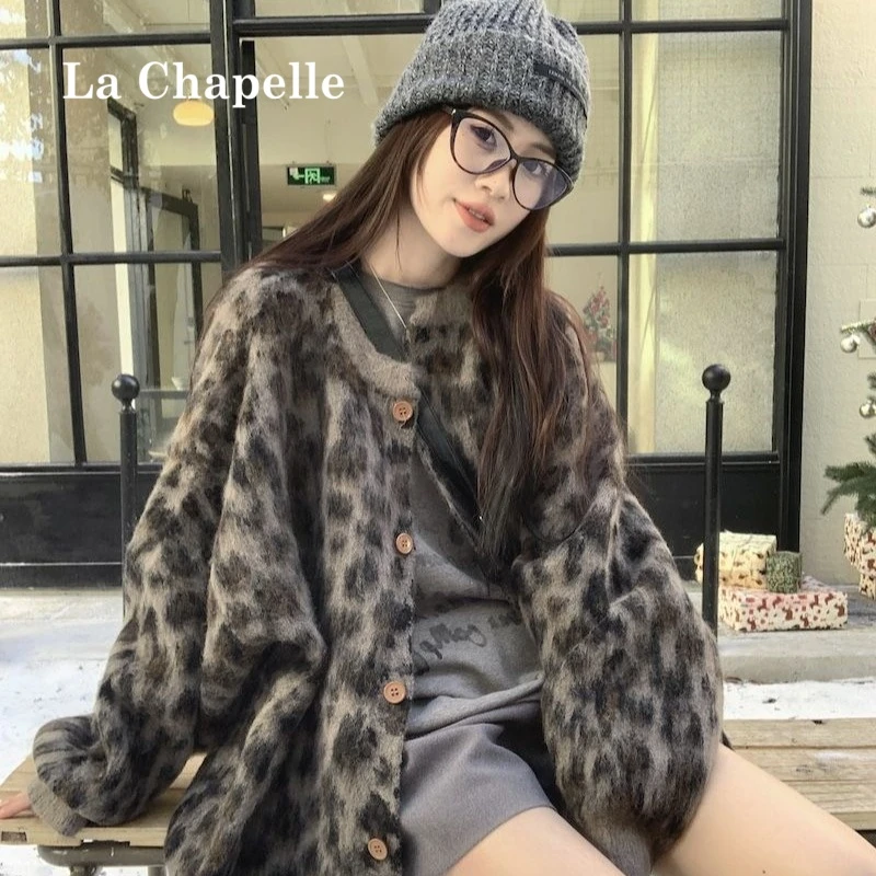 拉夏贝尔美式复古慵懒风豹纹毛衣外套女秋冬宽松休闲针织开衫上衣