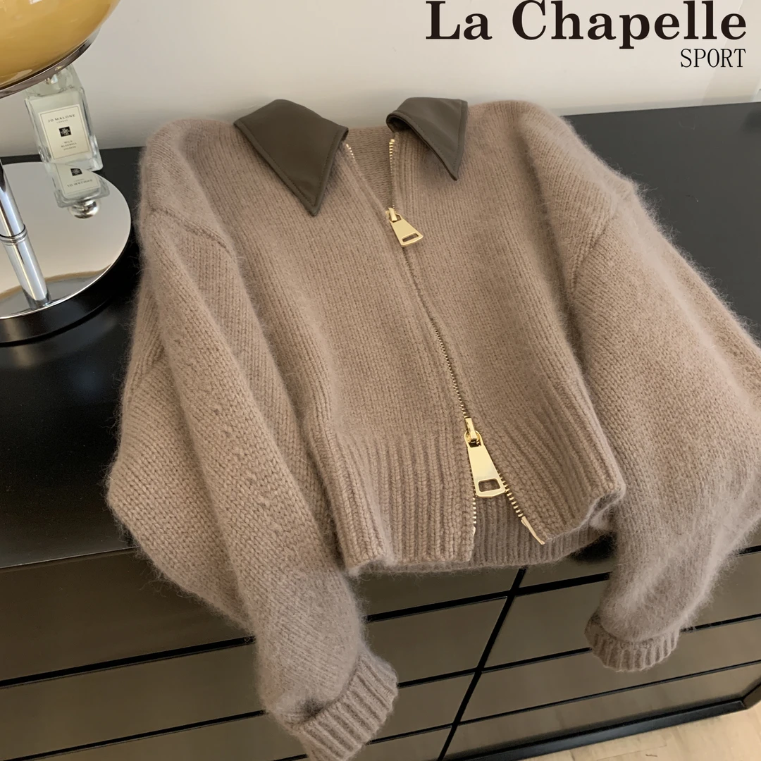 拉夏贝尔Polo领针织衫女秋冬季短款慵懒软糯双拉链复古美拉德毛衣