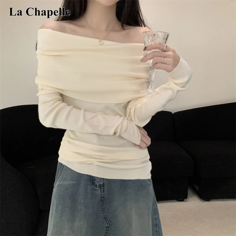拉夏贝尔高级感一字肩针织衫女春秋季辣妹纯欲风露肩显瘦长袖上衣