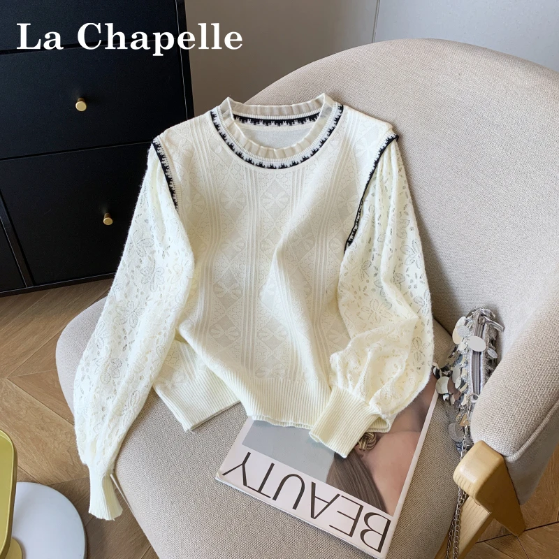 拉夏贝尔甜美气质蕾丝拼接针织衫女秋季新款设计感木耳边洋气毛衣