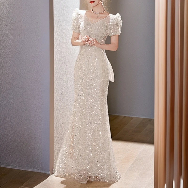 鱼尾晚礼服裙女春秋新款法式轻奢亮片小众婚纱裙年会晚宴鱼尾婚纱