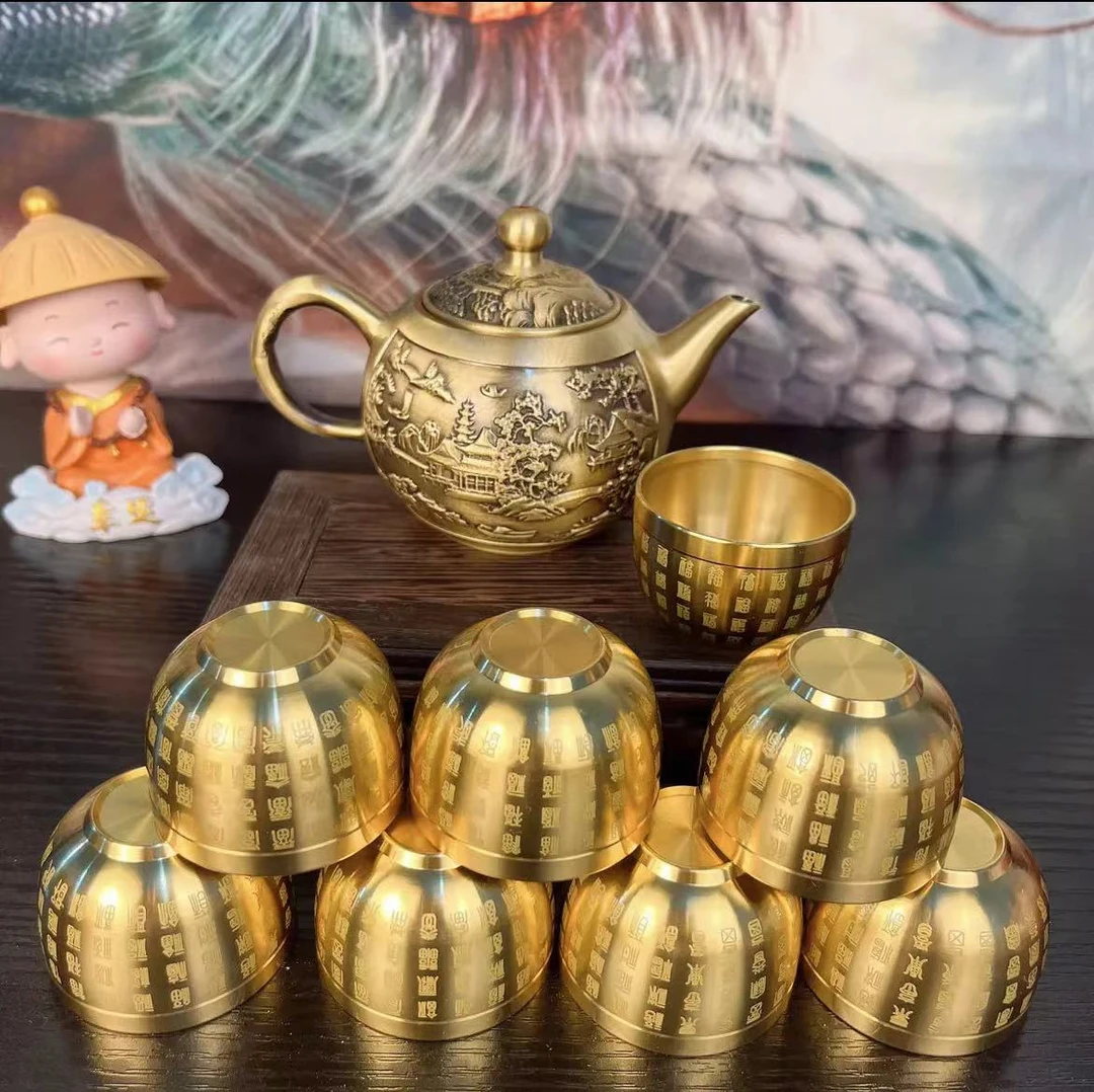 【一壶八杯】山水壶高档复古黄铜茶壶酒壶套装摆件3D立体浮雕茶壶