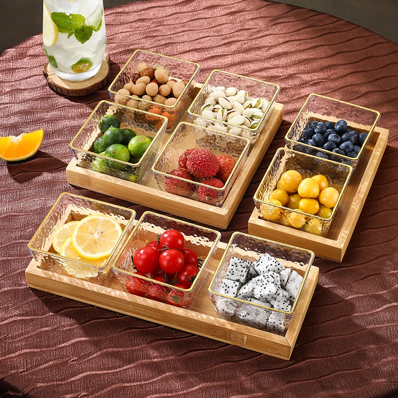 竹木水果盘亚克力零食碟小吃碟带盖分隔茶点盘酒吧KTV商用干果盘