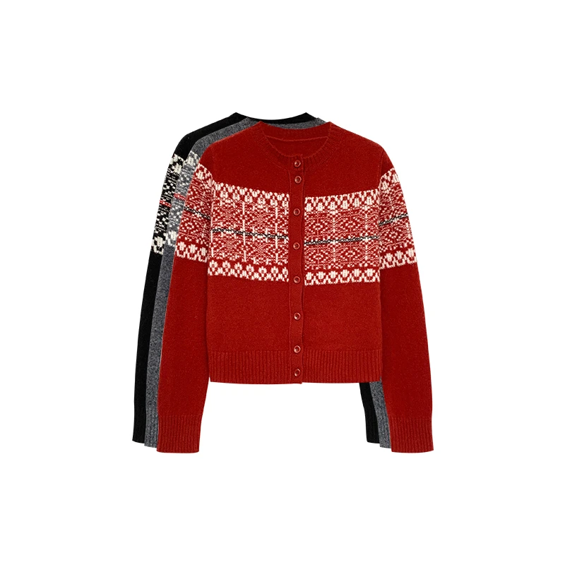 【橙庐】89552雪花棉羊毛开衫 长袖针织短款百搭简约秋冬秋季