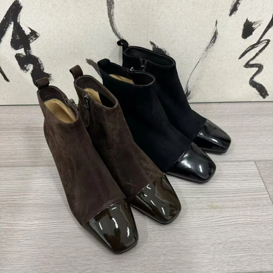 【橙庐】922-1羊京绒拼牛漆皮中跟短靴 猪皮里猪皮垫时尚百搭粗跟
