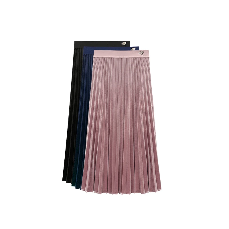 【橙庐】1540玉兰花弹力丝绒百褶裙 显瘦半身裙百搭A字春秋潮流