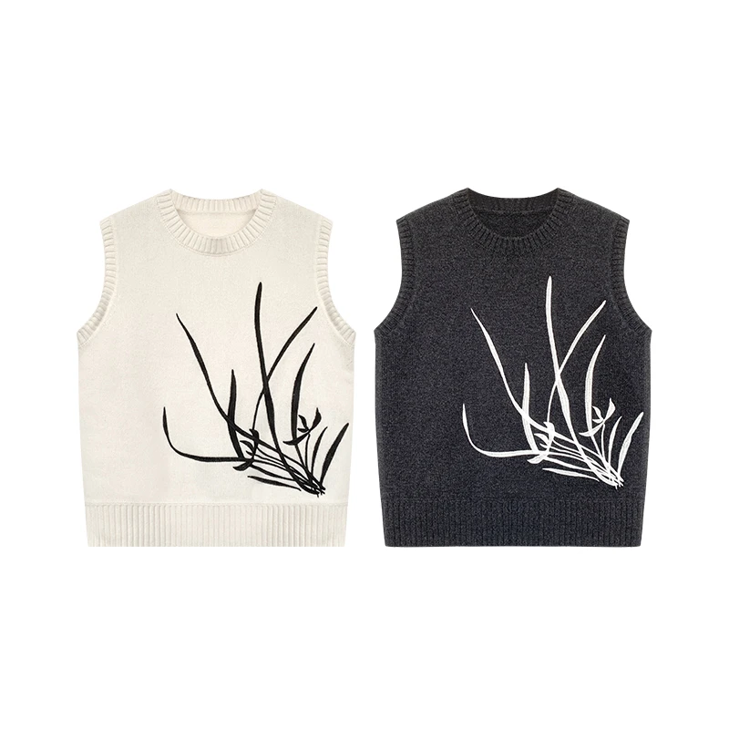 【橙庐】H1010原创兰花刺绣羊毛背心马夹 针织时尚休闲马甲套头宽松