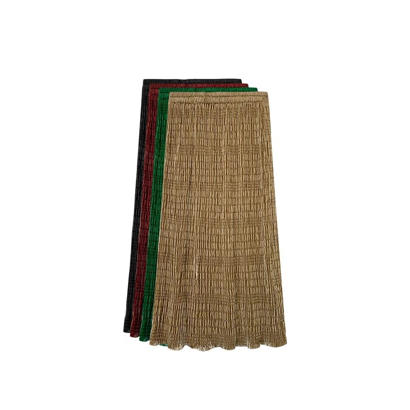 【橙庐】841000新中式折叠丝绒蛋糕半裙 桑蚕丝显瘦松紧腰安可拉红