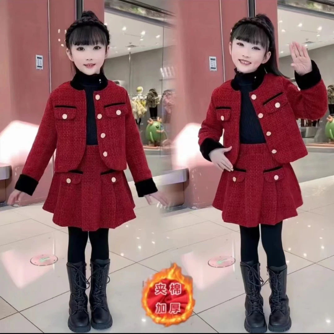 女童小香风套装秋冬款儿童红色连衣裙2024新年衣服冬装过年服裙子