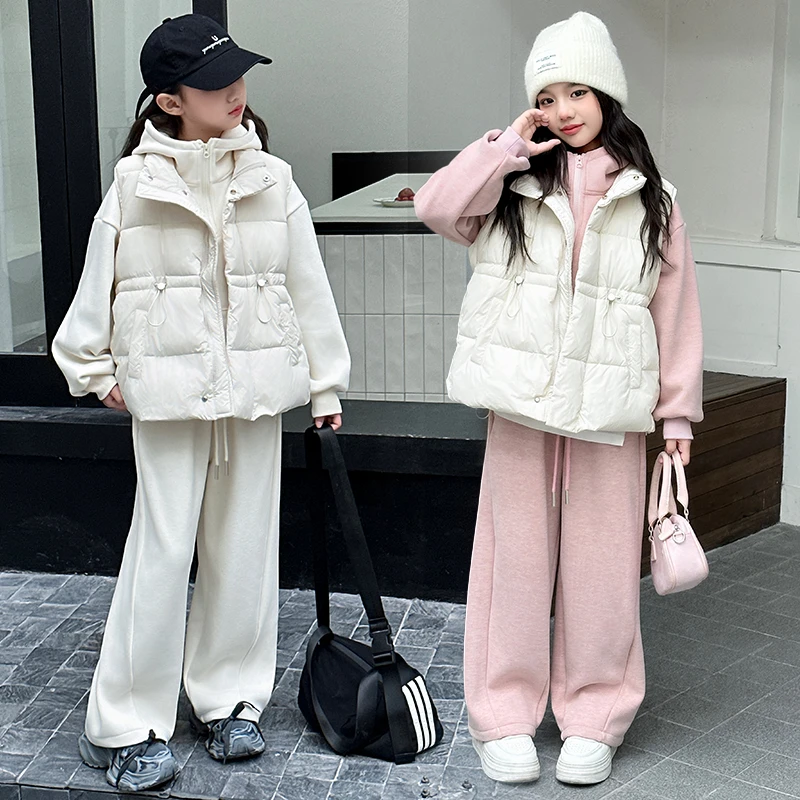 女大童加厚保暖马甲三件套秋冬季新款女孩时髦卫衣套装马甲棉外套