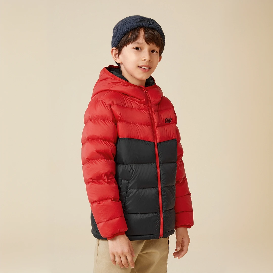 Skechers斯凯奇童装大童冬装外套冬季儿童拼色保暖短款羽绒服