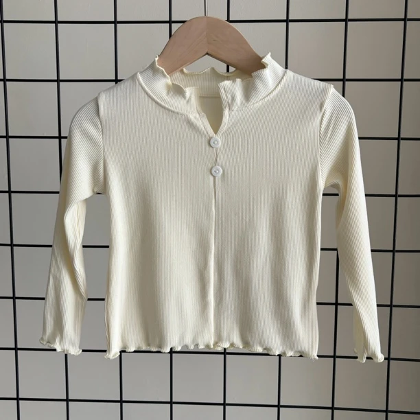 女童长袖t恤春秋装洋气童装儿童女宝纽扣打底衫小女孩木耳边上衣