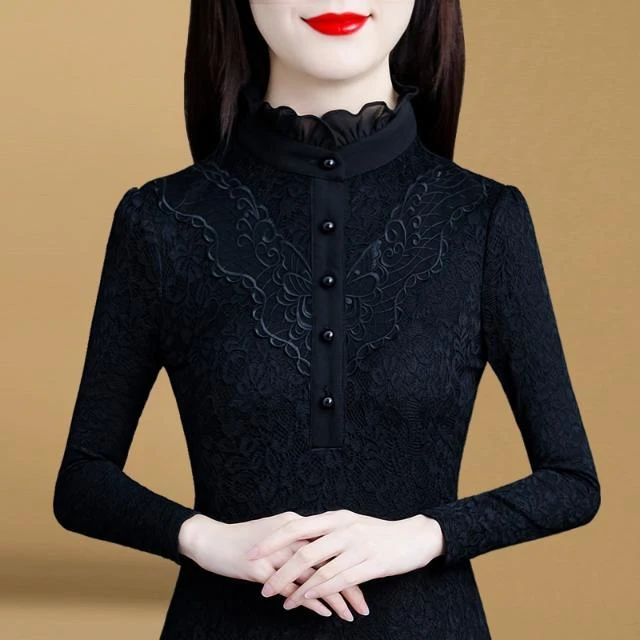 半高领蕾丝打底衫女2025年秋冬新款加绒加厚保暖上衣黑色洋气小衫